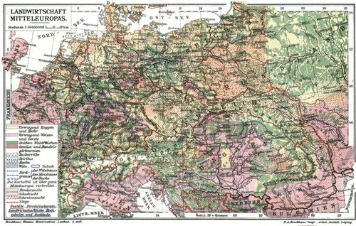 Handel, Industrie und Landwirtschaft. II. (Karte) Landwirtschaft Mitteleuropas. Wein Tabak Rinderzucht Ziege Spiritus Roggen und Hafer