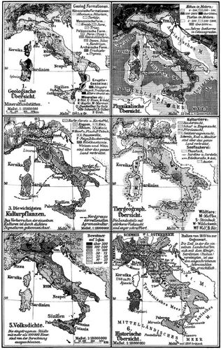 Italien. II. (Karten) 1. Geologische Übersicht und Mineralfundstätten. 2. Physikalische Übersicht. ...