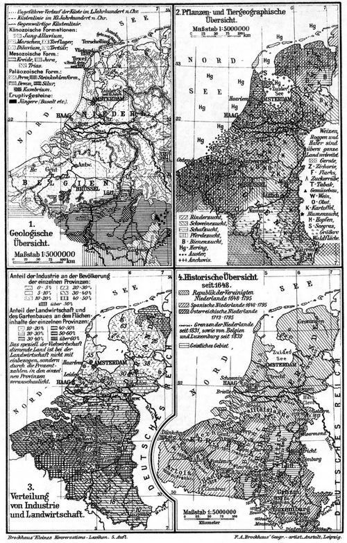 Niederlande, Belgien und Luxemburg II. (Karten) 1. Geologische Übersicht. 2. Pflanzen und Tiergeographische Übersicht. 3. Verteilung von Industrie und Landwirtschaft. 4. Historische Übersicht.