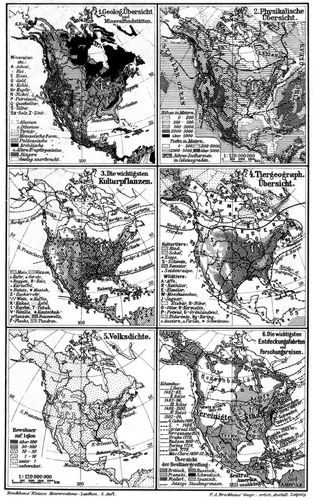 Nordamerika II. (Karten) 1. Geolog. Übersicht und Mineralfundstätten. 2. Physikalische Übersicht. ...