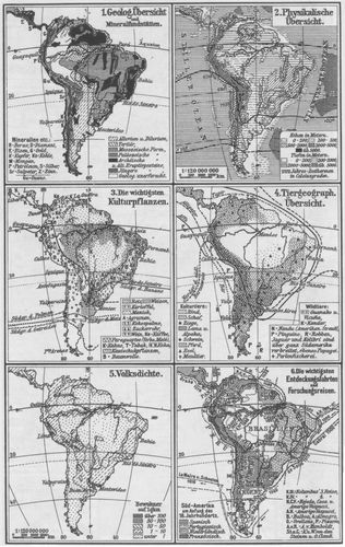 Südamerika. II. (Karten) 1. Geolog. Übersicht und Mineralfundstätten. 2. Physikalische Übersicht. ...