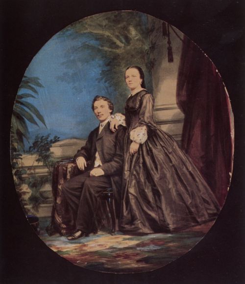 Deutscher Photograph um 1855: Portrt eines Ehepaares vor gemaltem Hintergrund