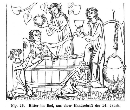 Fig. 23. Ritter im Bad, aus einer Handschrift des 14. Jahrh.