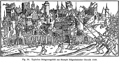 Fig. 26. Typisches Belagerungsbild aus Stumpfs Eidgenössischer Chronik 1548.