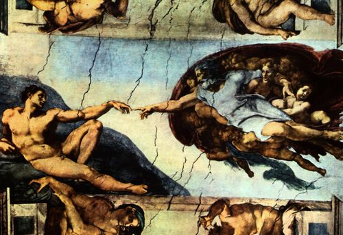 Michelangelo Buonarroti: Sixtinische Kapelle, Deckenfresko zur Schpfungsgeschichte, Hauptszene: Der Schpfergott erschafft Adam