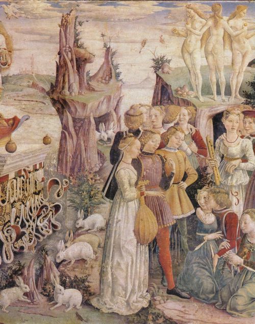Cossa, Francesco del: Fresken mit den Monatsdarstellungen Mrz, April, Mai im Palazzo Schifanoia, Szene: April-Triumphzug der Venus, Detail