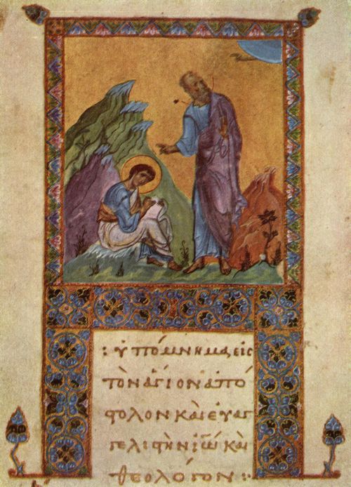 Byzantinischer Maler um 1100: Der Evangelist Johannes diktierend