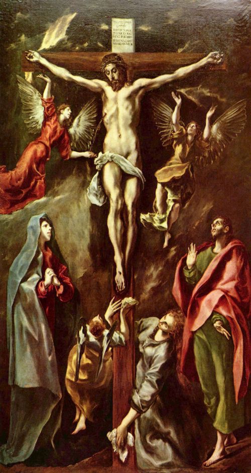 Greco, El: Der Gekreuzigte mit Maria, Magdalena, Johannes Evangelist und Engeln