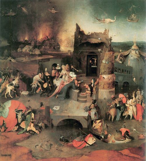 Bosch, Hieronymus: Antoniusaltar, Triptychon, Mitteltafel: Versuchung des Hl. Antonius