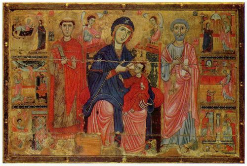 Meister der Heiligen Magdalena: Altartafel, Szene: Thronende Madonna lactans mit Hl. Petrus und Hl. Leonhard