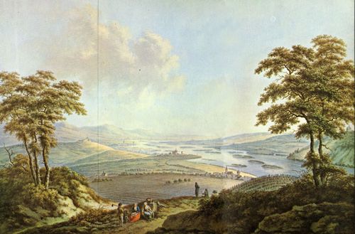 Kraul, Karl Franz: Geisenheim, Rheingaupanorama mit Rüdesheim, Schloss Johannisberg und Rochuskapelle (rechts)