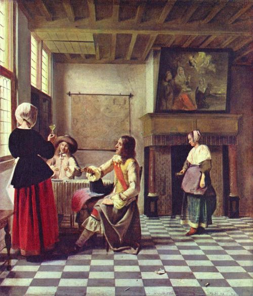 Hooch, Pieter de: Frau mit zwei Männern beim Trinken und Magd
