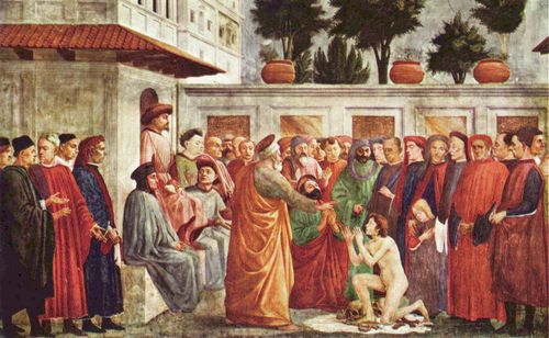 Masaccio: Szenen aus dem Leben Petri, Szene: Erweckung des Sohnes des Theophilus, Frst von Antiochien und Petrus in Kathedra