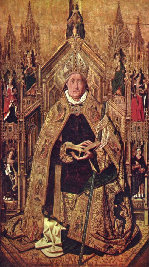 Bermejo, Bartolom: Thronender Hl. Dominikus mit den 7 Kardinaltugenden