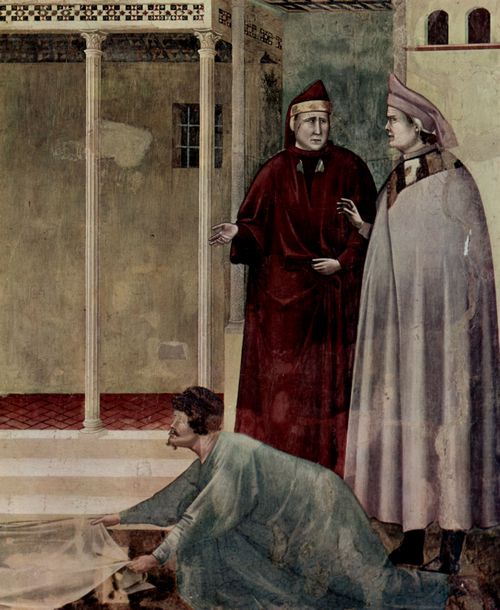Giotto di Bondone: Fresken in der Kirche San Francesco in Assisi, Szene: Brger von Assisi breitet seinen Mantel vor dem Hl. Franziskus aus, Detail