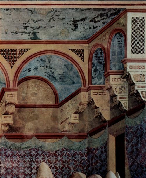 Giotto di Bondone (und Werkstatt): Fresken in der Kirche San Francesco in Assisi, Szene: Die Besttigung der Ordensregel durch den Papst Innozenz, Detail: Architektur