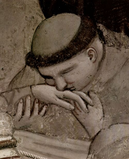 Giotto di Bondone: Fresken in der Bardi-Kapelle, Kirche Santa Croce in Florenz, Szene: Die Besttigung der Wundmale Christi, Detail