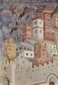 Giotto di Bondone: Fresken in der Kirche San Francesco in Assisi, Szene: Die Verteibung der Teufel aus Arezzo, Detail: Teufel über Stadtlandschaft