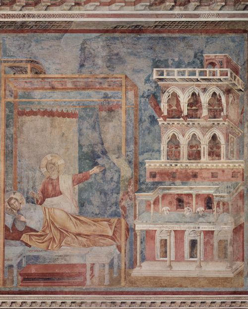 Giotto di Bondone: Fresken in der Kirche San Francesco in Assisi, Szene: Traum des Hl. Franziskus vom Rittertum (Christus erscheint ihm im Schlaf und verweist auf einen Palazzo mit Waffen, Sinnbild des Rittertums in der Nachfolge Christi's)