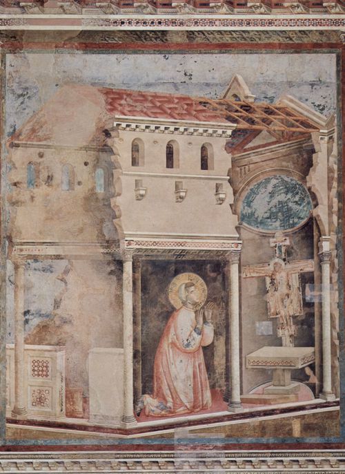 Giotto di Bondone: Fresken in der Kirche San Francesco in Assisi, Szene: Gebet des Hl. Franziskus in San Damiano (Franziskus erhlt vom Kruzifix die Weisung das zerstrte Gebude wieder aufzubauen)