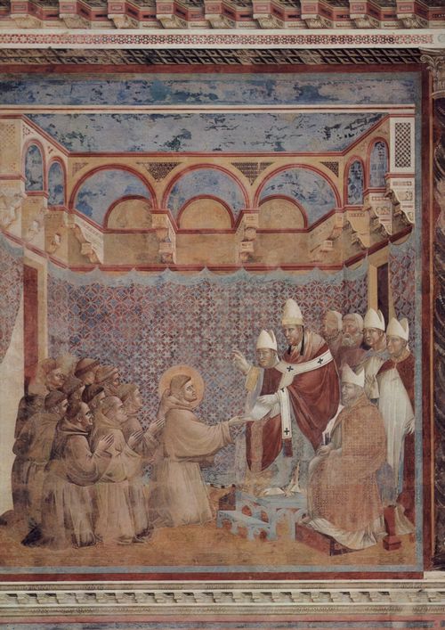 Giotto di Bondone (und Werkstatt): Fresken in der Kirche San Francesco in Assisi, Szene: Die Besttigung der Ordensregel durch den Papst Innozenz