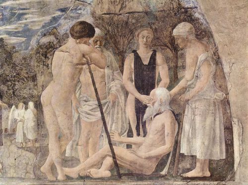 Piero della Francesca: Freskenzyklus der »Legende vom Heiligen Kreuz« im Chor von San Francesco in Arezzo, Szene: Tod und Bestattung Adams, Detail: Tod Adams
