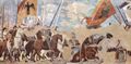 Piero della Francesca: Freskenzyklus der »Legende vom Heiligen Kreuz« im Chor von San Francesco in Arezzo, Szene: Triumphzug des Konstantin, Schlacht an der Milv-Brcke