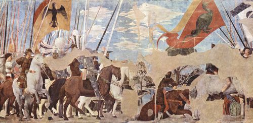Piero della Francesca: Freskenzyklus der »Legende vom Heiligen Kreuz« im Chor von San Francesco in Arezzo, Szene: Triumphzug des Konstantin, Schlacht an der Milv-Brcke