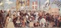 Piero della Francesca: Freskenzyklus der »Legende vom Heiligen Kreuz« im Chor von San Francesco in Arezzo, Szene: Lobpreisung des Heiligen Kreuzes nach dessen Rckfhrung nach Jerusalem durch Kaiser Heraklius