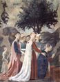 Piero della Francesca: Freskenzyklus der »Legende vom Heiligen Kreuz« im Chor von San Francesco in Arezzo, Szene: Besuch der Königin von Saba bei Salomo, Detail: Anbetung des Kreuzesholzes durch die Königin