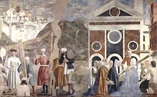 Piero della Francesca: Freskenzyklus der »Legende vom Heiligen Kreuz« im Chor von San Francesco in Arezzo, Szene: Auffindung und Verifikation des Heiligen Kreuzes in Jerusalem