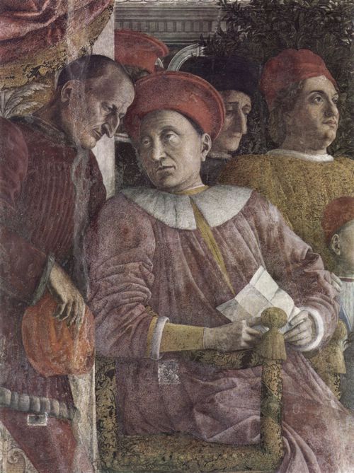 Mantegna, Andrea: Freskenzyklus in der Camera degli Sposi im Palazzo Duccale in Mantua, Szene: Der Hof der Gonzaga, Detail: Der Herzog Ludovicio Gonzaga im Gesprch mit dem Sekretr Marsilio Andreasi