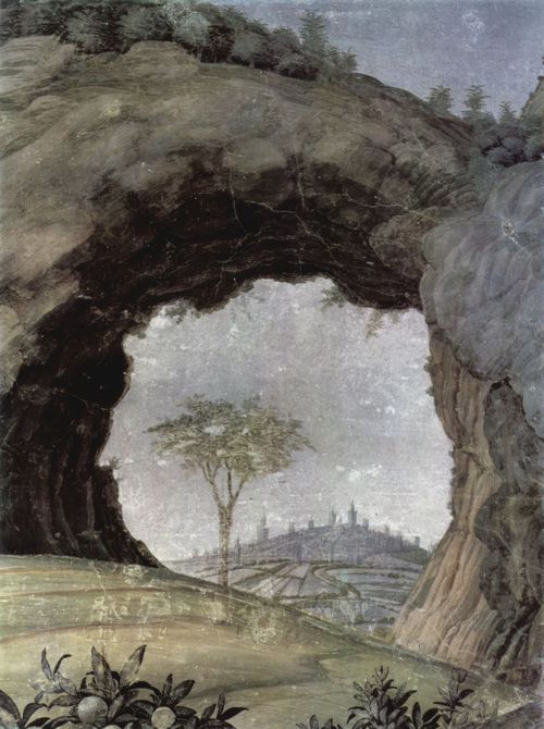 Mantegna, Andrea: Freskenzyklus in der Camera degli Sposi im Palazzo Duccale in Mantua, Szene: Wartende Reitknechte, Detail: Landschaft