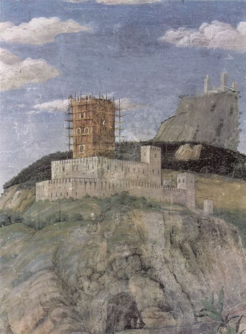Mantegna, Andrea: Freskenzyklus in der Camera degli Sposi im Palazzo Duccale in Mantua, Szene: Wartende Reitknechte, Detail: Landschaft