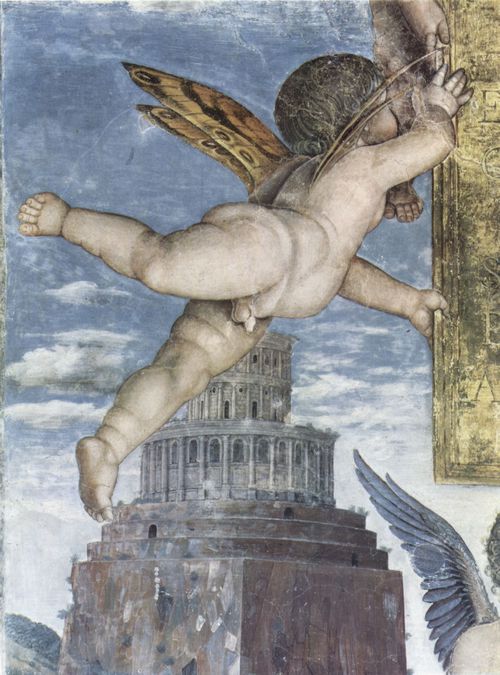 Mantegna, Andrea: Freskenzyklus in der Camera degli Sposi im Palazzo Duccale in Mantua, Szene: Weihetafel, von Putti getragen, Detail: Putto