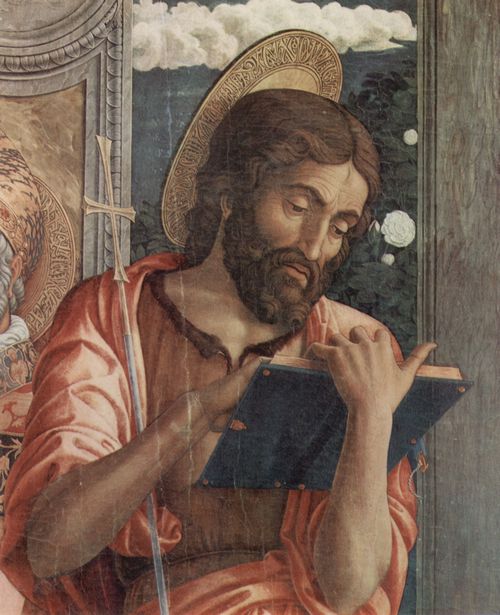 Mantegna, Andrea: Altarretabel von San Zeno in Verona, Triptychon, rechte Tafel: Hl. Benedikt, Hl. Laurentius, Hl. Gregorius und Hl. Johannes der Tufer, Detail: Hl. Johannes