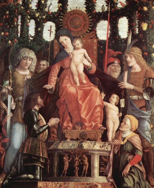 Mantegna, Andrea: Madonna della Vittoria mit Hl. Johannes dem Tufer, den Herzog Francesco Gonzaga segnend und Heiligen: kniend: Hl. Anna, links: Hl. Michael und Hl. Andreas, rechts: Hl. Longinus und Hl. Georg