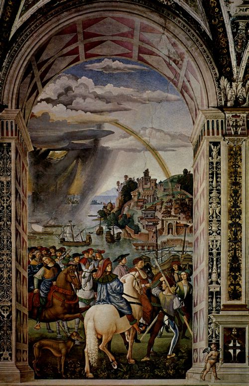 Pinturicchio: Freskenzyklus zu Leben und Taten des Enea Silvio Piccolomini, Papst Pius II. in der Dombibliothek zu Siena, Szene: E. S. Piccolomini bricht zum Konzil nach Basel auf