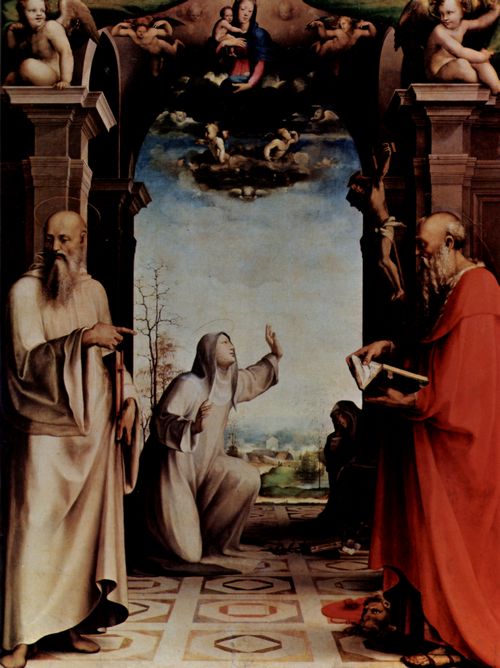 Beccafumi, Domenico: Die Hl. Katharina empfngt die Wundmale, mit Hl. Benedikt und Hl. Hieronymus, Altarretabel