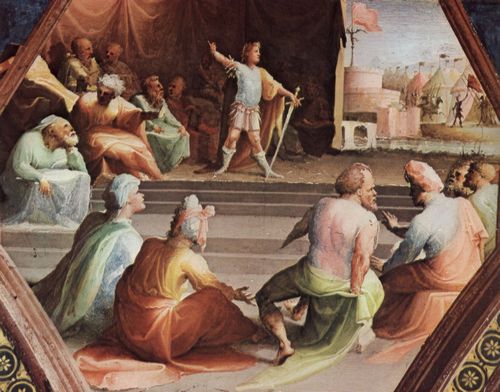 Beccafumi, Domenico: Freskenzyklus im ehemaligen Palazzo Bindi Segardi, Szene: Scipio widmet den Tribunen seine Soldaten