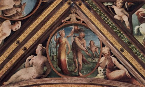 Beccafumi, Domenico: Freskenzyklus im ehemaligen Palazzo Bindi Segardi, Tondo im Gewlbezwickel, Szene: Der Wettkampf zwischen Minerva und Neptun