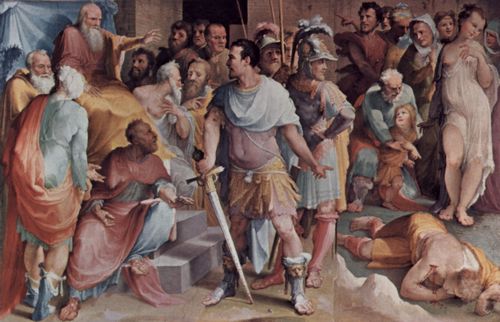 Beccafumi, Domenico: Allegorischer Freskenzyklus (Politische Tugenden) aus dem Plazzo Pubblico in Siena, Szene: Die Ermordung des falschen Melius