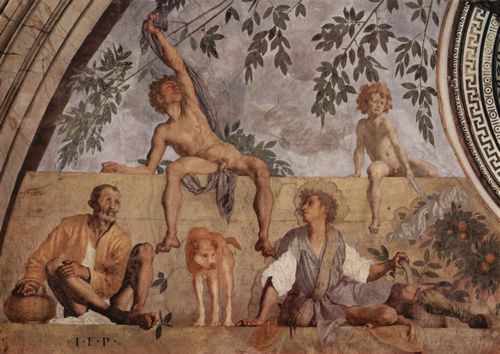 Pontormo, Jacopo: Jahreszeitenfresken in der Medici-Villa in Poggio a Cajano, linker Teil der Lnette, Szene: Vertumnus und Pomona, Detail