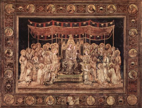 Martini, Simone: Maest, Thronende Madonna als Stadtpatronin, umgeben von Heiligen, Fresko im Palazzo Pubblico in Siena