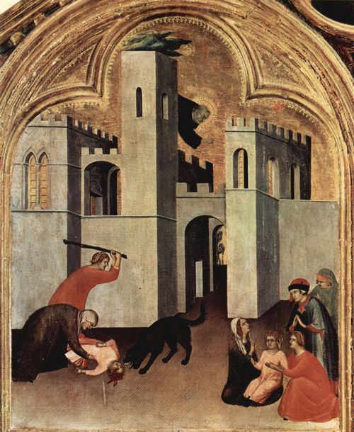 Martini, Simone: Triptychon des Seligen Hl. Augustinus Novellus, linke Tafel, obere Szene: Augustinus heilt das von einem Hund zu Tode gebissene Kind