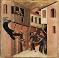 Martini, Simone: Triptychon des Seligen Hl. Augustinus Novellus, linke Tafel, untere Szene: Augustinus erweckt das von einer Loggia gefallene Kind
