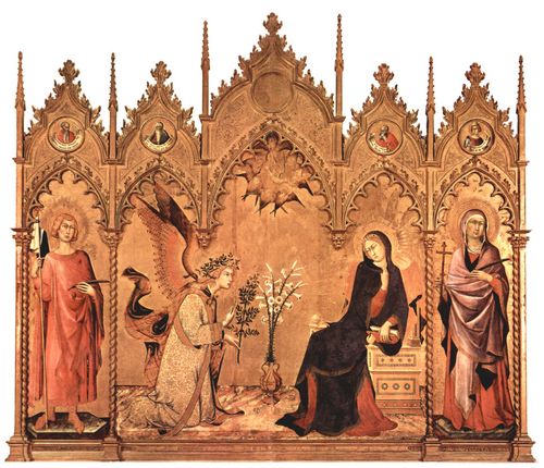 Martini, Simone: Verkndigungstriptychon, Mitteltafel: Maria Verkndigung, links: Hl. Ansanus von Siena, rechts: Heilige, in den Giebelfeldern vier Medaillons mit Propheten