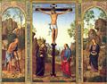 Perugino, Pietro: Galitzin-Triptychon, Gesamtansicht, Kreuzigung mit Maria und Hl. Johannes Evangelist, linker Flügel: Hl. Hieronymus, rechter Flügel: Hl. Maria Magdalena