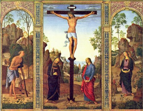 Perugino, Pietro: Galitzin-Triptychon, Gesamtansicht, Kreuzigung mit Maria und Hl. Johannes Evangelist, linker Flgel: Hl. Hieronymus, rechter Flgel: Hl. Maria Magdalena