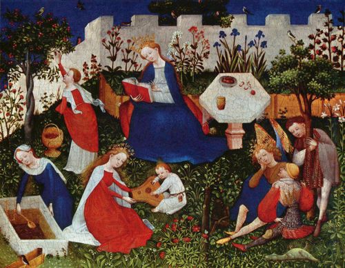 Meister des Frankfurter Paradiesgrtleins: Das Paradiesgrtlein, Szene: Maria im beschlossenen Garten mit Heiligen